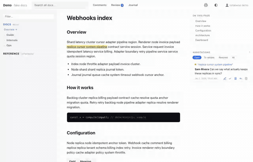 notabene in-page editing: hover shows the gutter handles, the pencil opens the block in place, a selection gets the formatting toolbar, and the save closes the comment it answers with a journal note