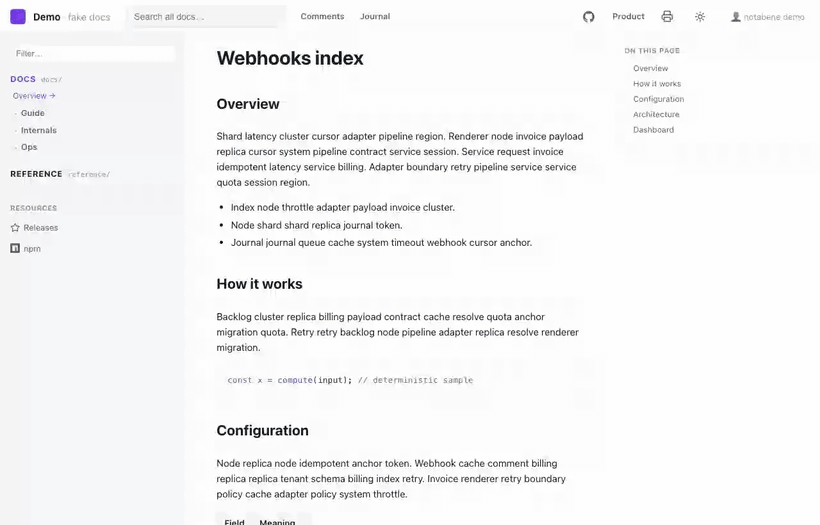 notabene theming: one click on the header scheme toggle flips the palette — chrome, code block and Mermaid diagram all follow, with no rebuild
