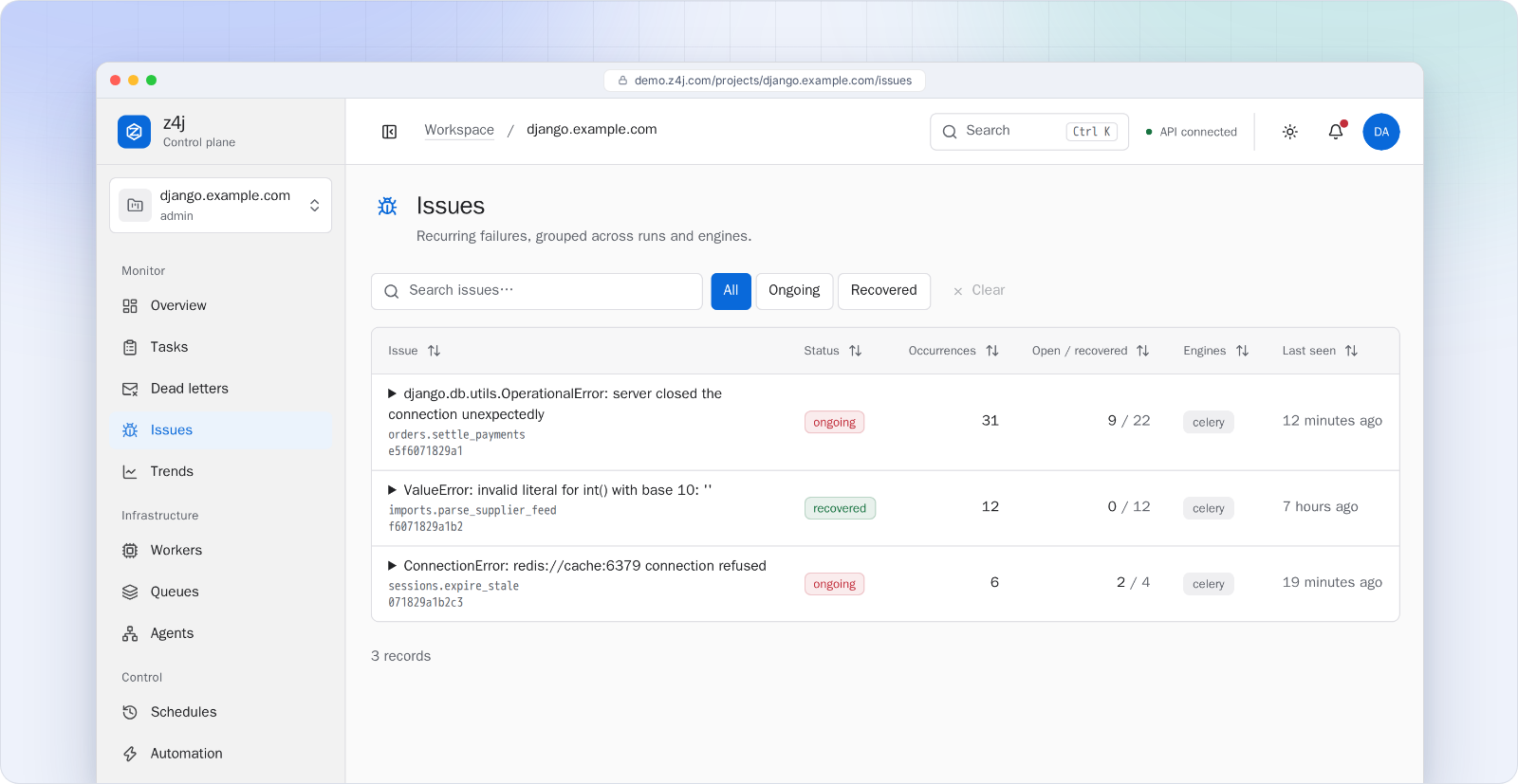 Recurring failures grouped into issues with occurrence counts