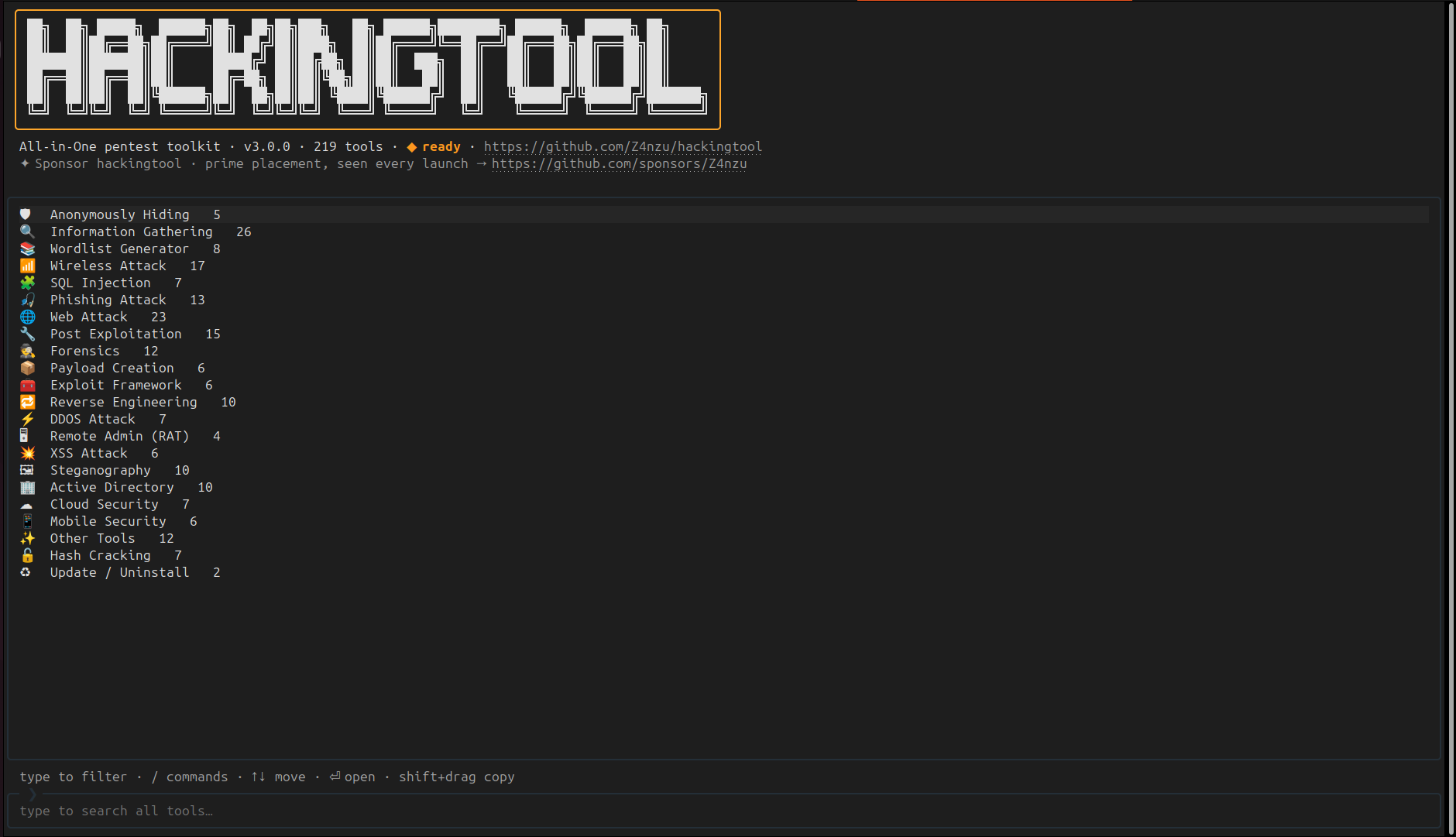 hackingtool interactive TUI: categories with live tool counts, type to search all tools, / opens the command palette