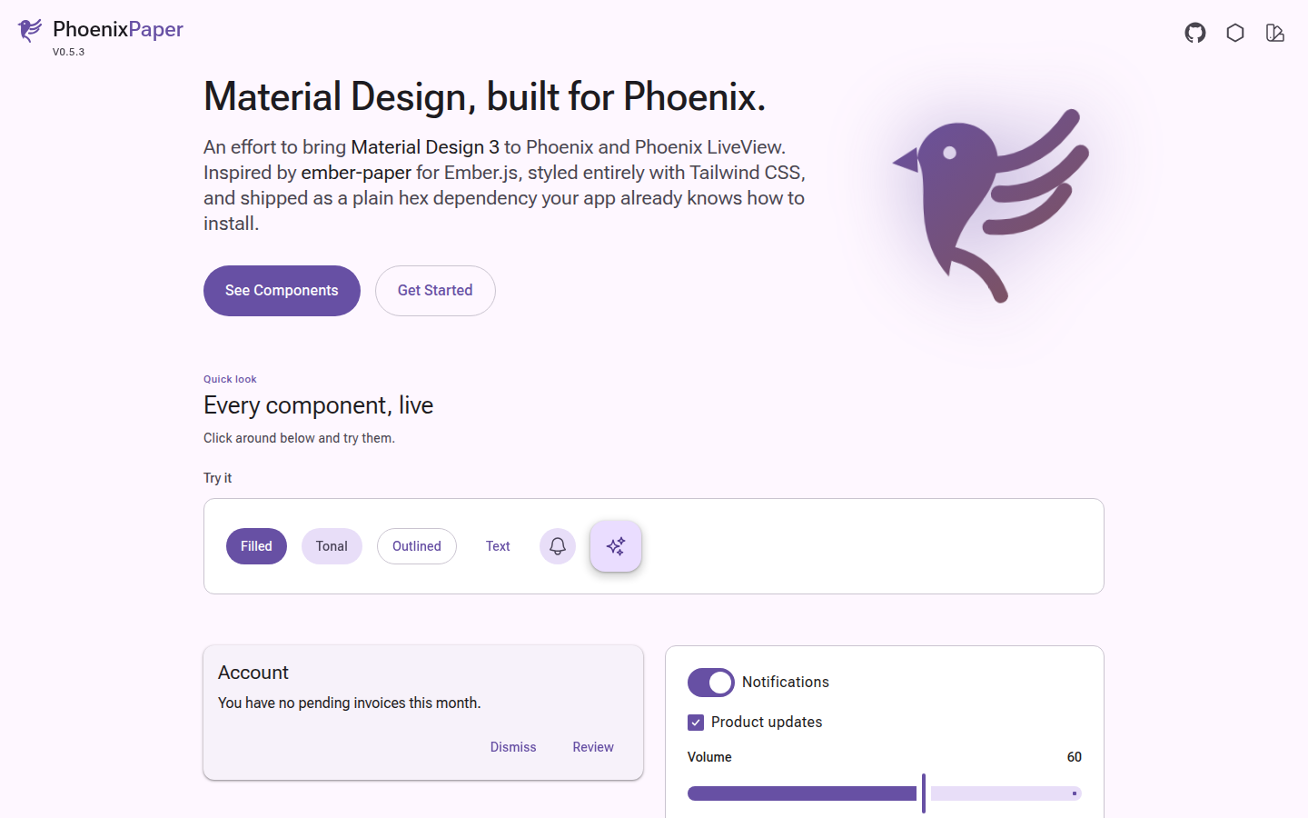 PhoenixPaper's site, phoenixpaper.dev: buttons, a card, a switch, a checkbox and a slider rendered live