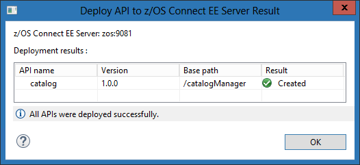 Screen capture showing the Deploy API dialog box