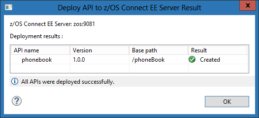 Screen capture showing the Deploy API dialog box