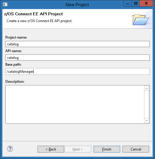 A screen shot that shows the API project wizard, with the required text boxes filled in.