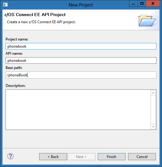 A screen shot that shows the API project wizard, with the required text boxes filled in.