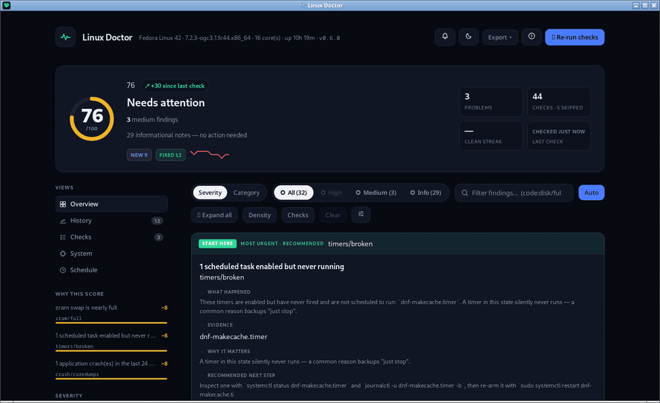 The Linux Doctor desktop app: native window with the health score, severity and category filters, the checks view, and a finding's explanation and recommended fix