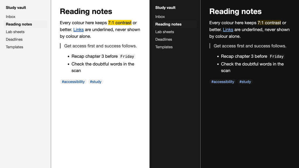 Zacess Light and Zacess Dark in Obsidian, showing a note with a heading, a highlight, an underlined link, a quote, a list and tags