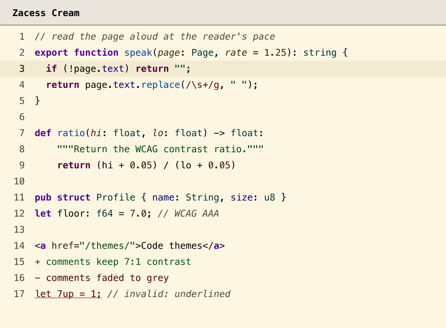 Zacess Cream: the same code in dark colours on a cream background