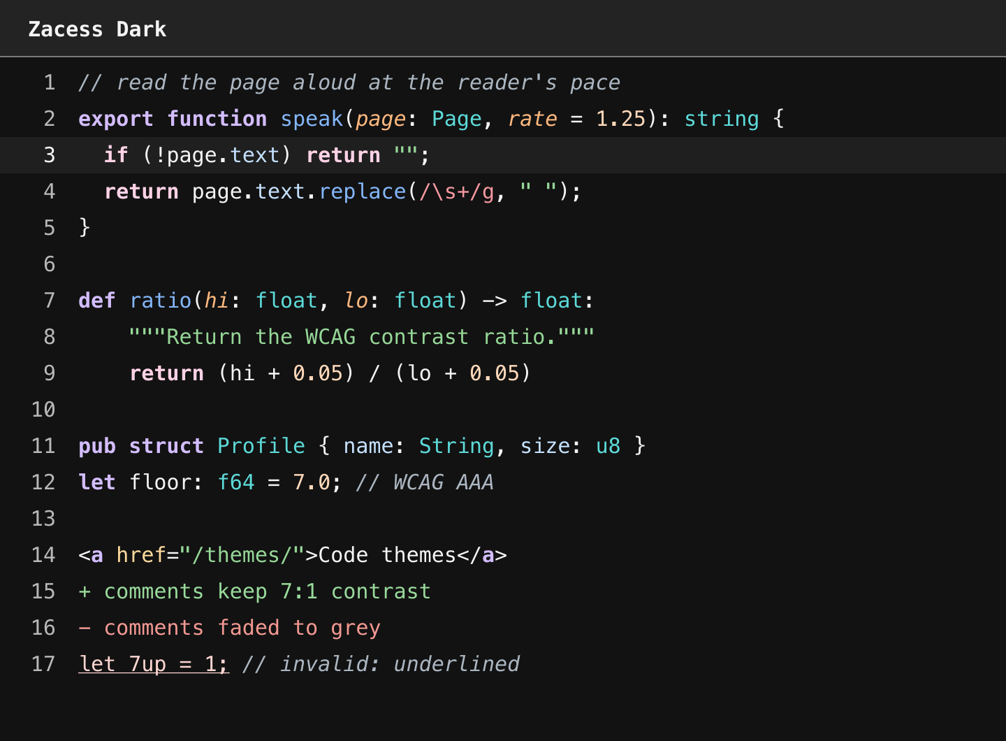 Zacess Dark: the same code in light colours on near black