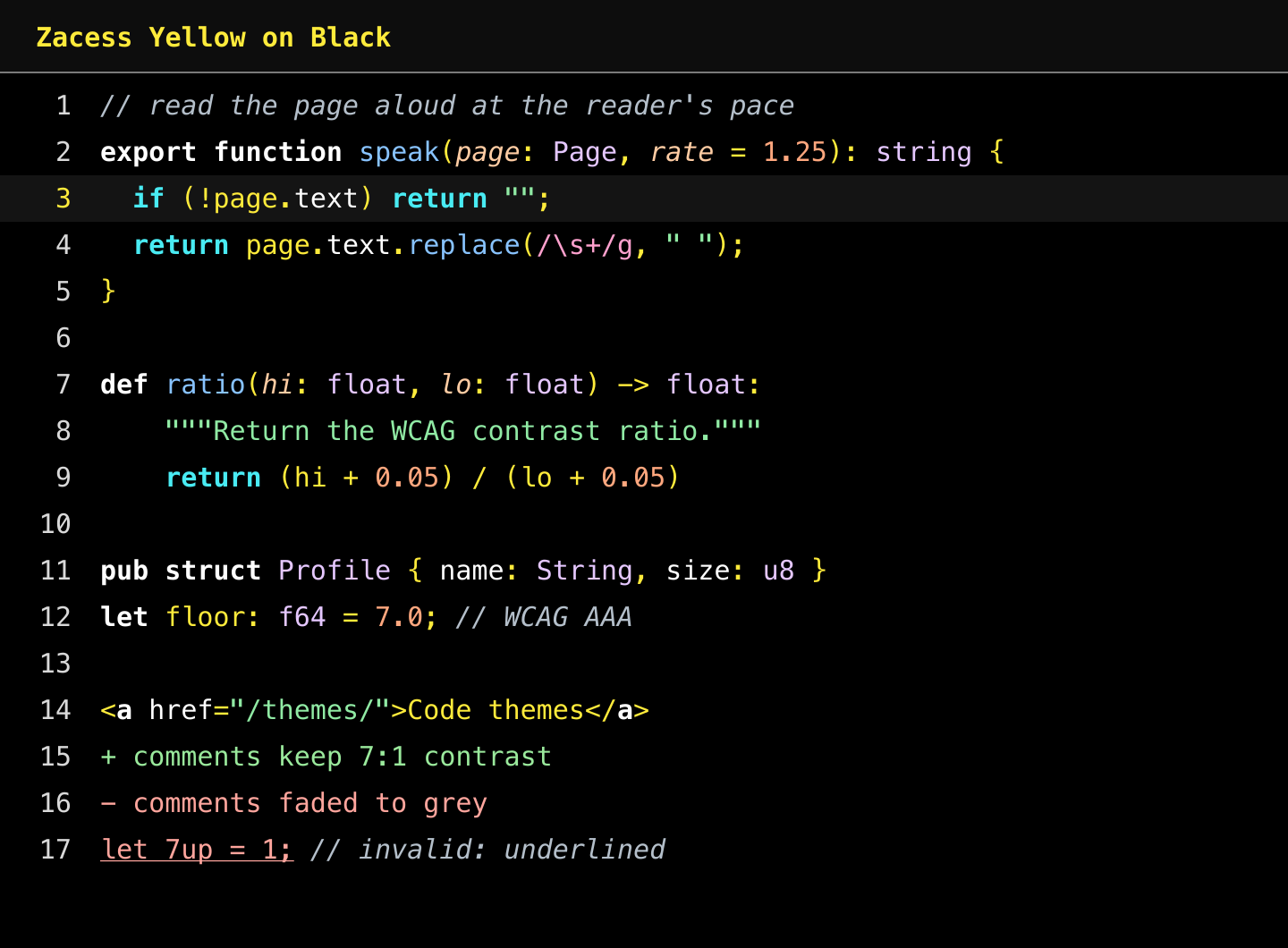 Zacess Yellow on Black: the same code in yellow, white and pale colours on black