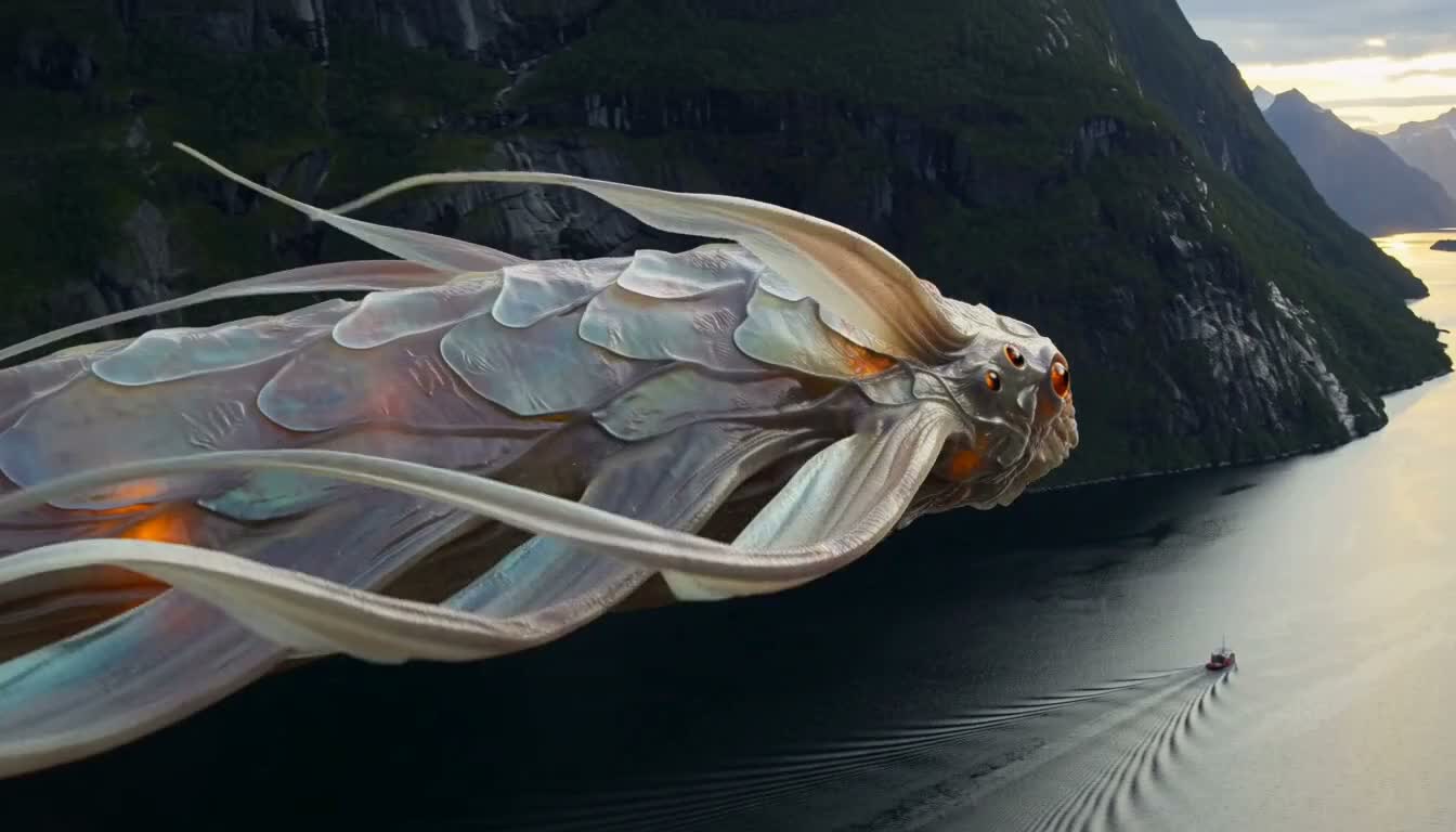 An enormous alien creature glides above a fjord and a small boat