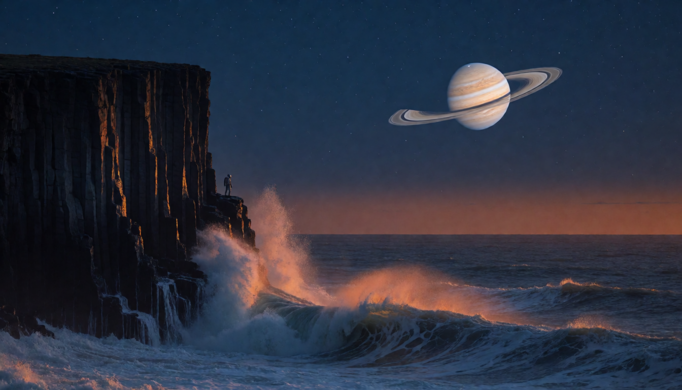A figure on a basalt sea cliff beneath a ringed planet