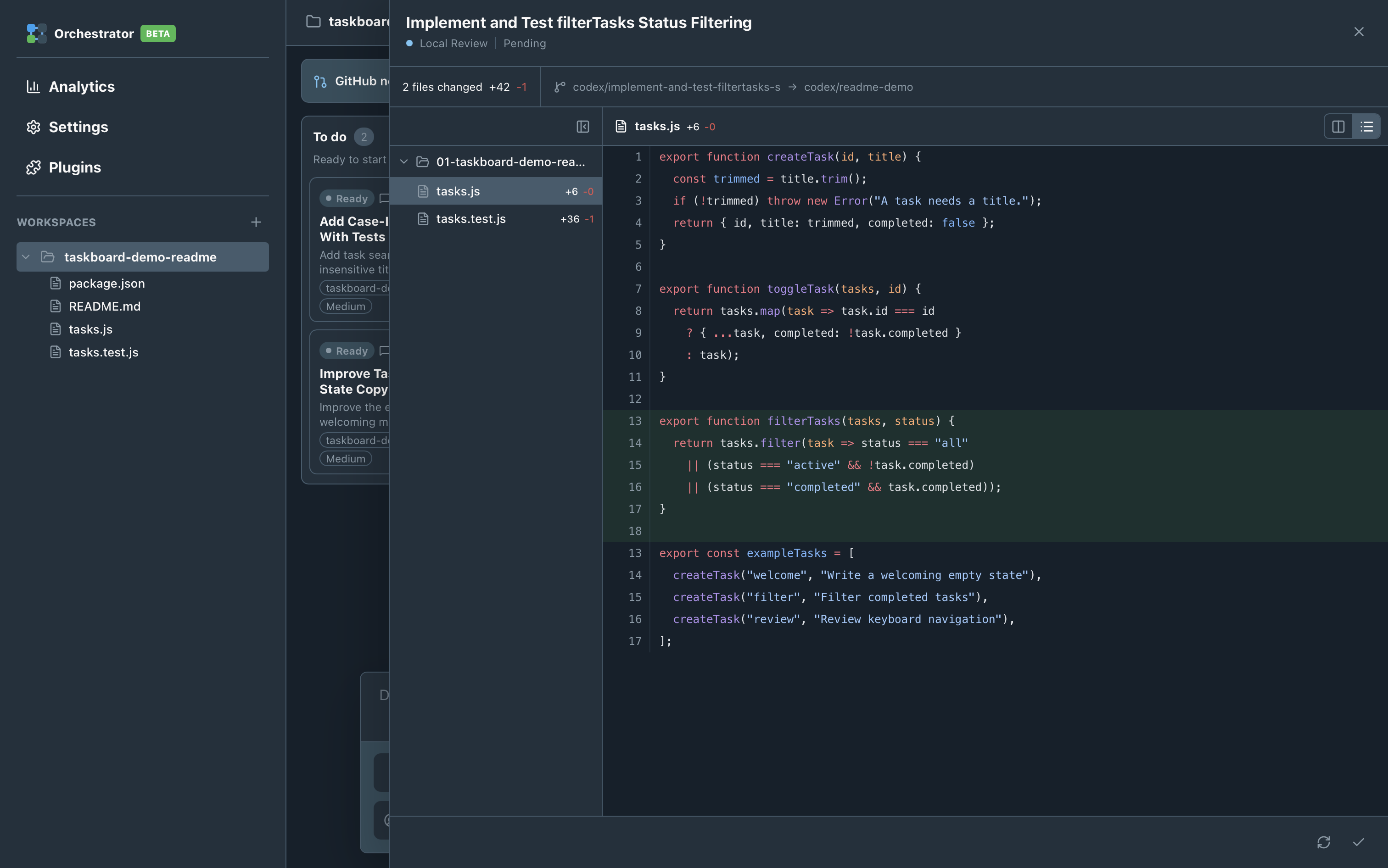 A genuine Taskboard Demo code change in the local review drawer, with file navigation, diff and review controls.