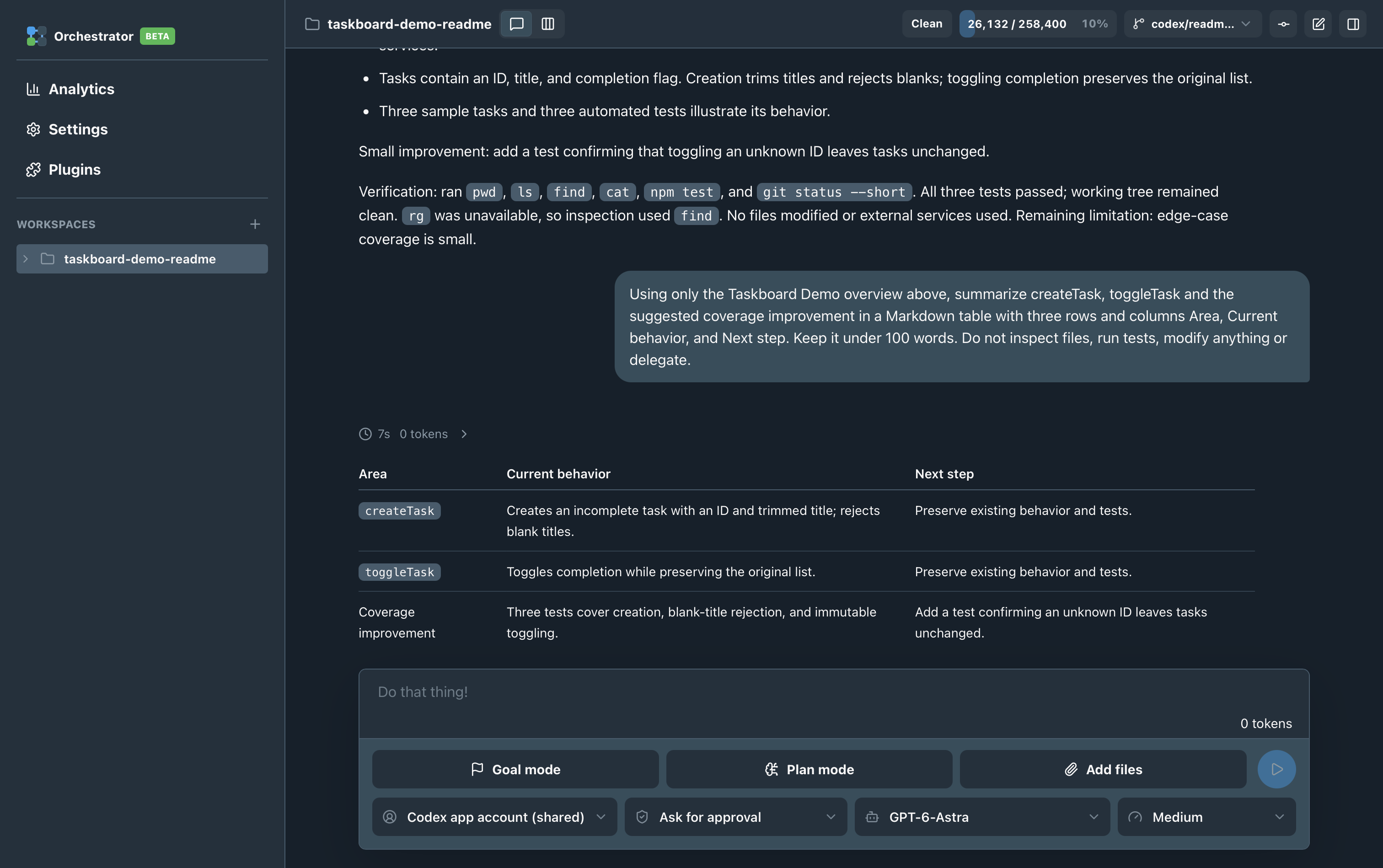 Taskboard Demo conversation showing the updated transcript, a readable Markdown table and the prompt composer.