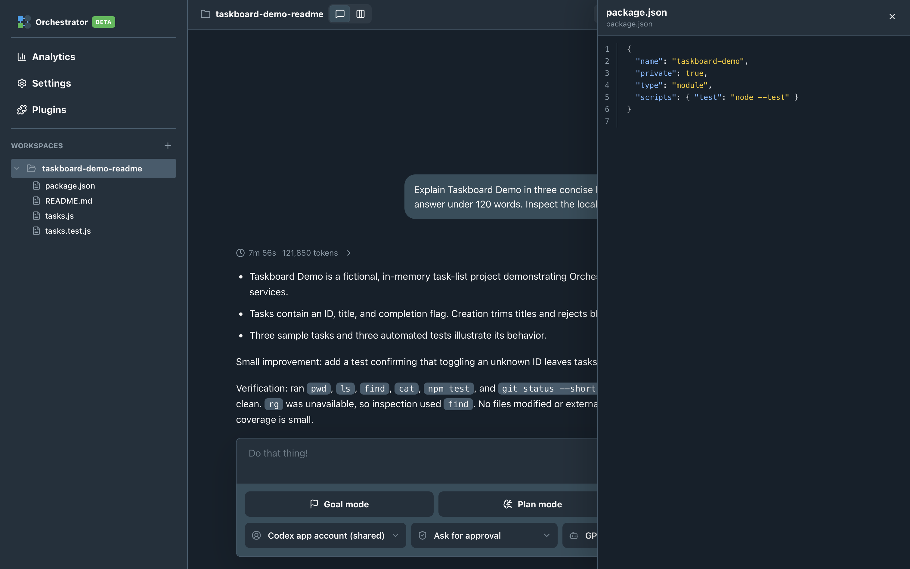 Taskboard Demo's expanded workspace file tree and package.json contents in the side-by-side file preview.