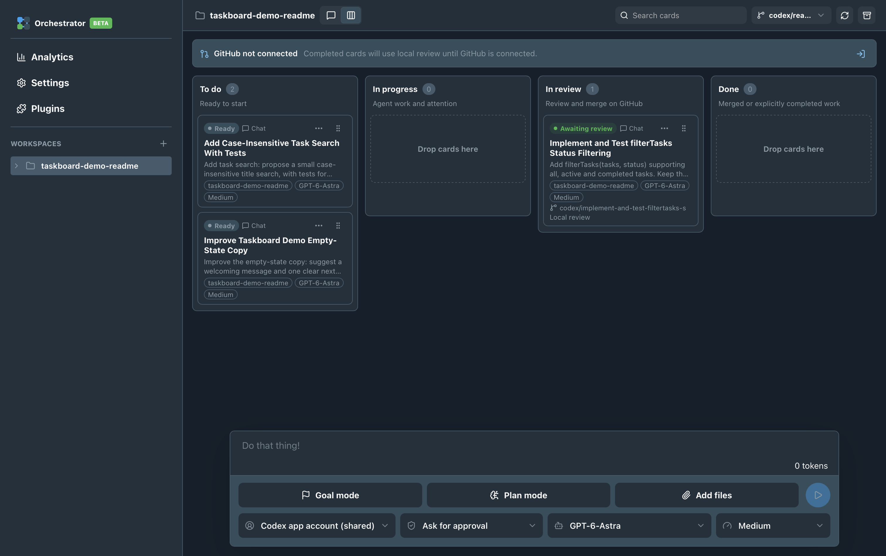 Taskboard Demo Kanban board with the target-branch selector beside refresh and archive, and genuine backlog and review cards.