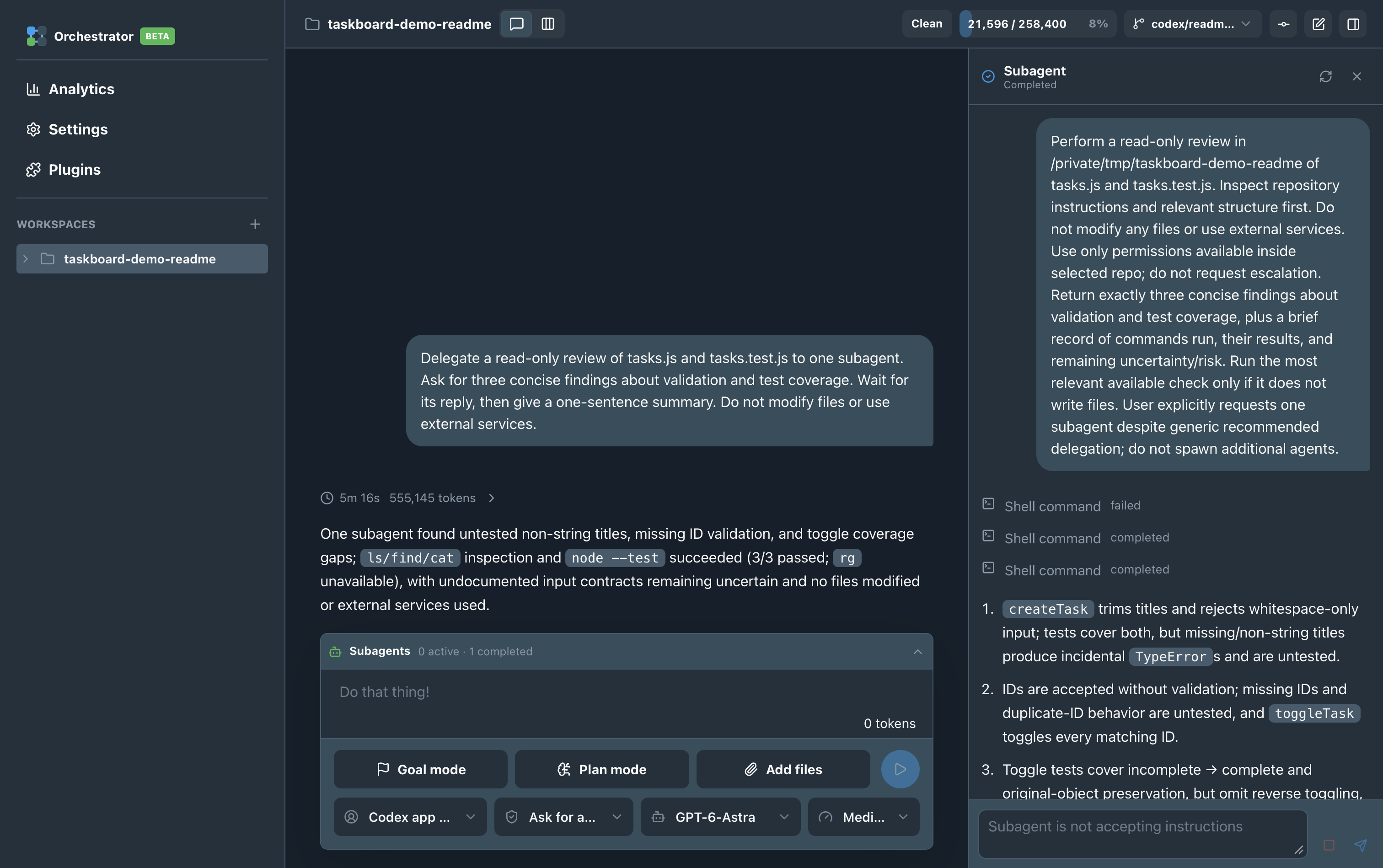 Taskboard Demo's parent conversation beside the completed subagent inspector, showing the original review prompt, command outcomes and findings.