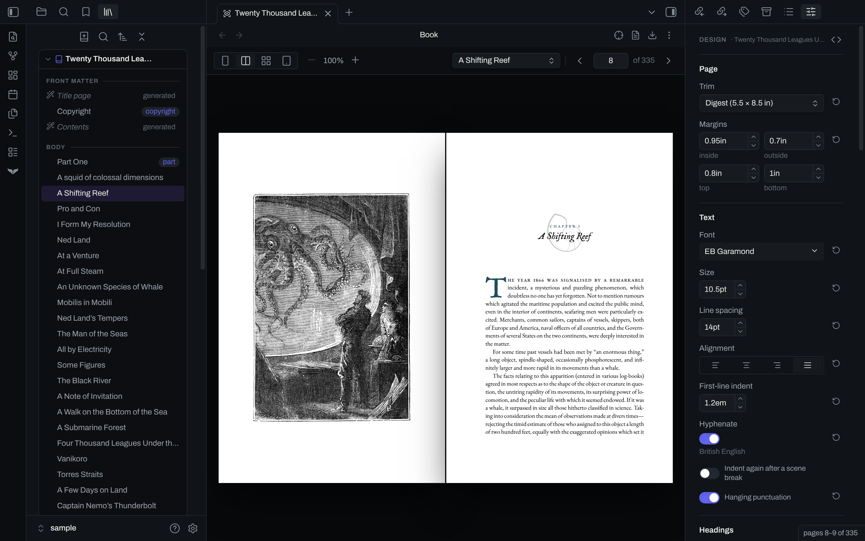 Orca in Obsidian, with a chapter note, the design panel and the typeset page