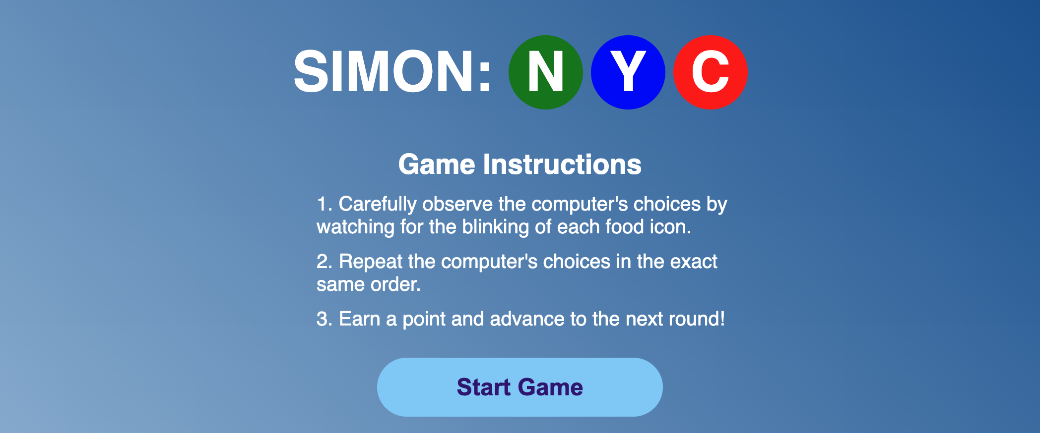 game instructions and start game button