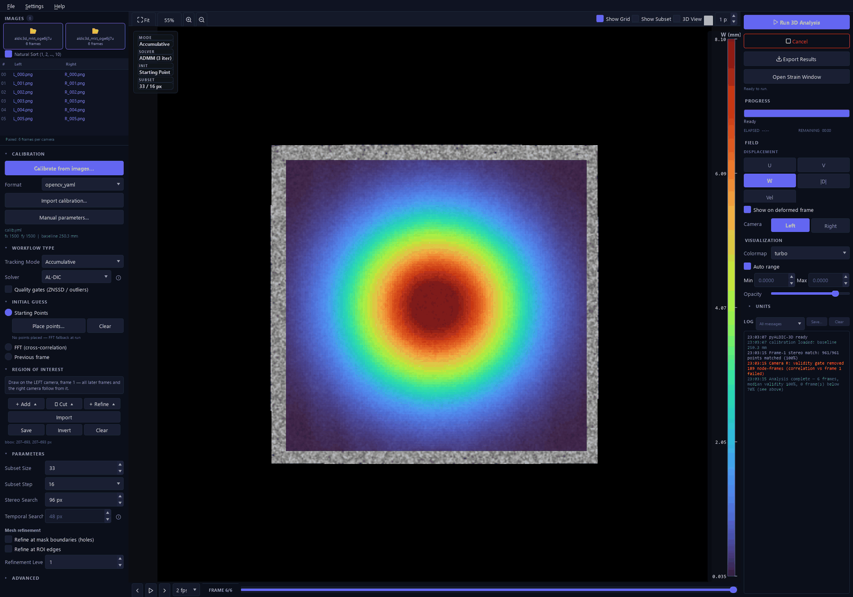 pyALDIC-3D main window — three-column layout: dual-camera import + calibration + ROI + parameters on the left, interactive canvas in the center, run controls + fields + 3D view + log on the right