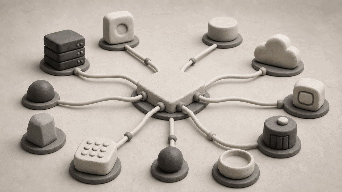 A monochrome clay Connecta hub joining many tools