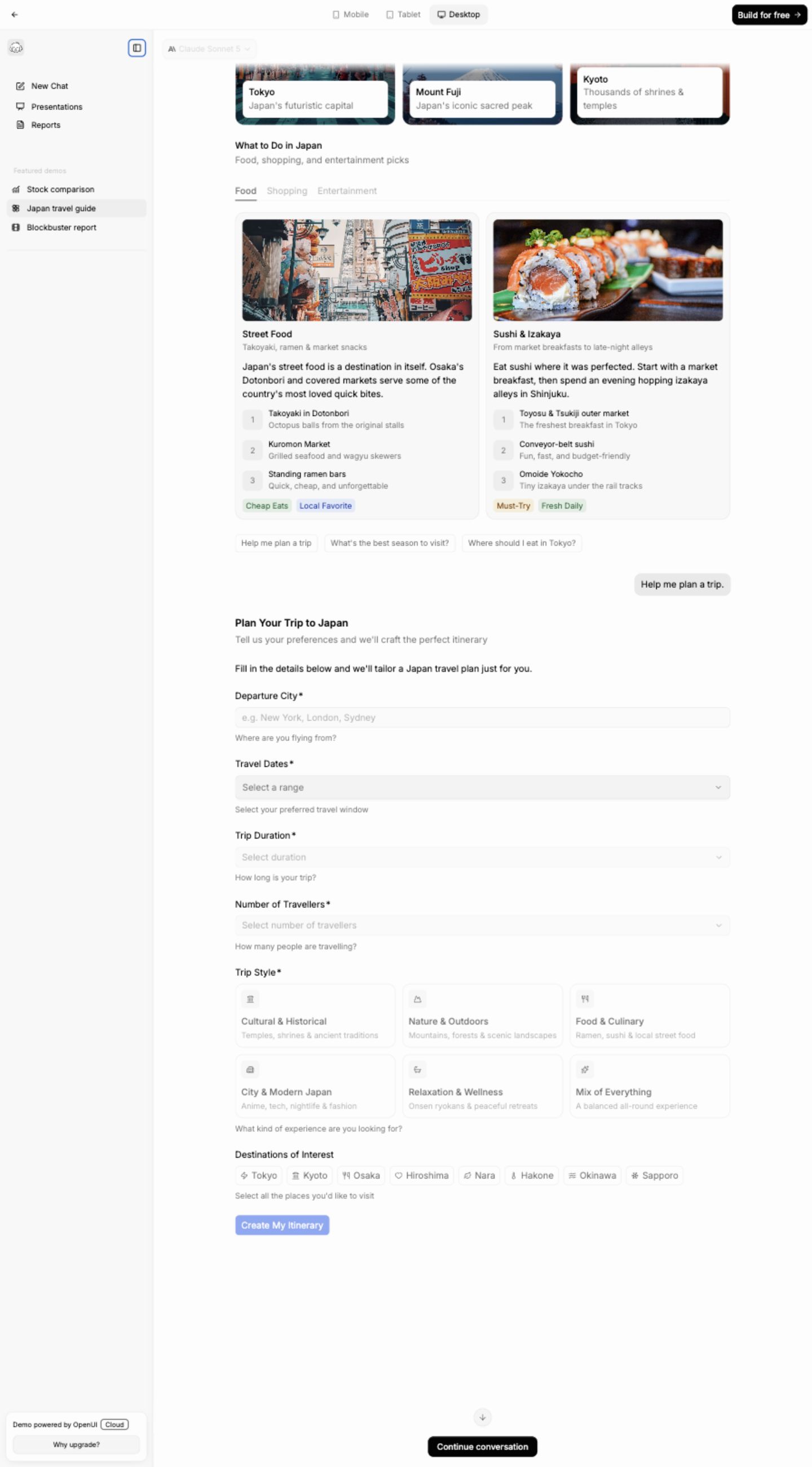 After: itinerary form and generated response controls are visibly disabled