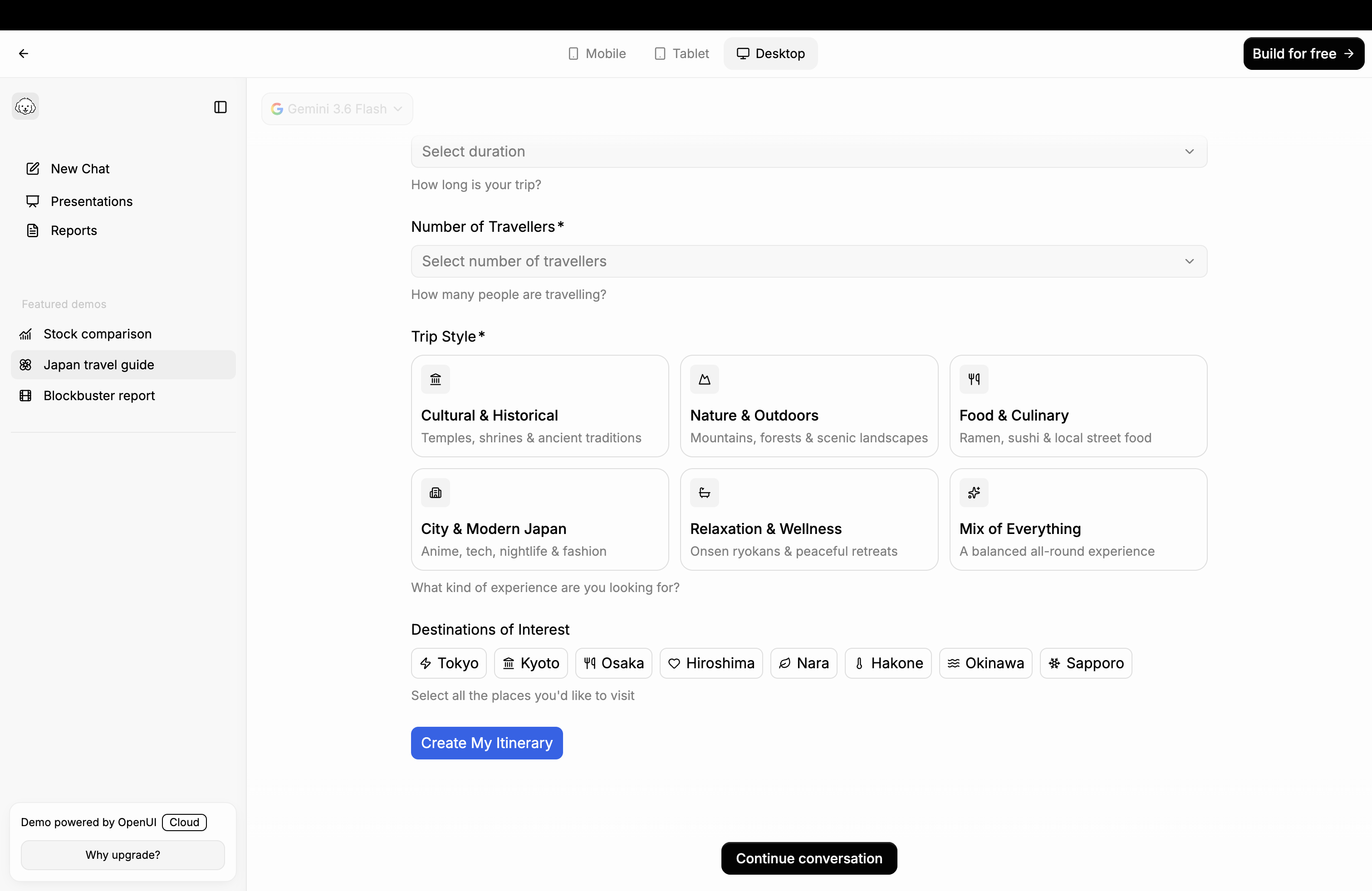 Before: itinerary form controls could submit from the read-only demo