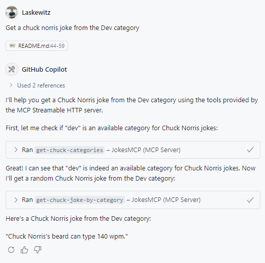 Screenshot of question to provide a joke from the dev category and the answer from GitHub Copilot