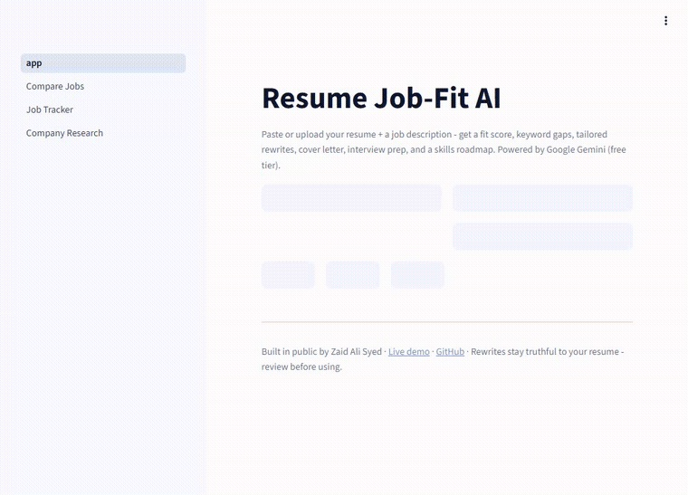 Resume Job-Fit AI - a real scoring run: paste a JD + resume, get a fit score, salary range, and keyword gaps