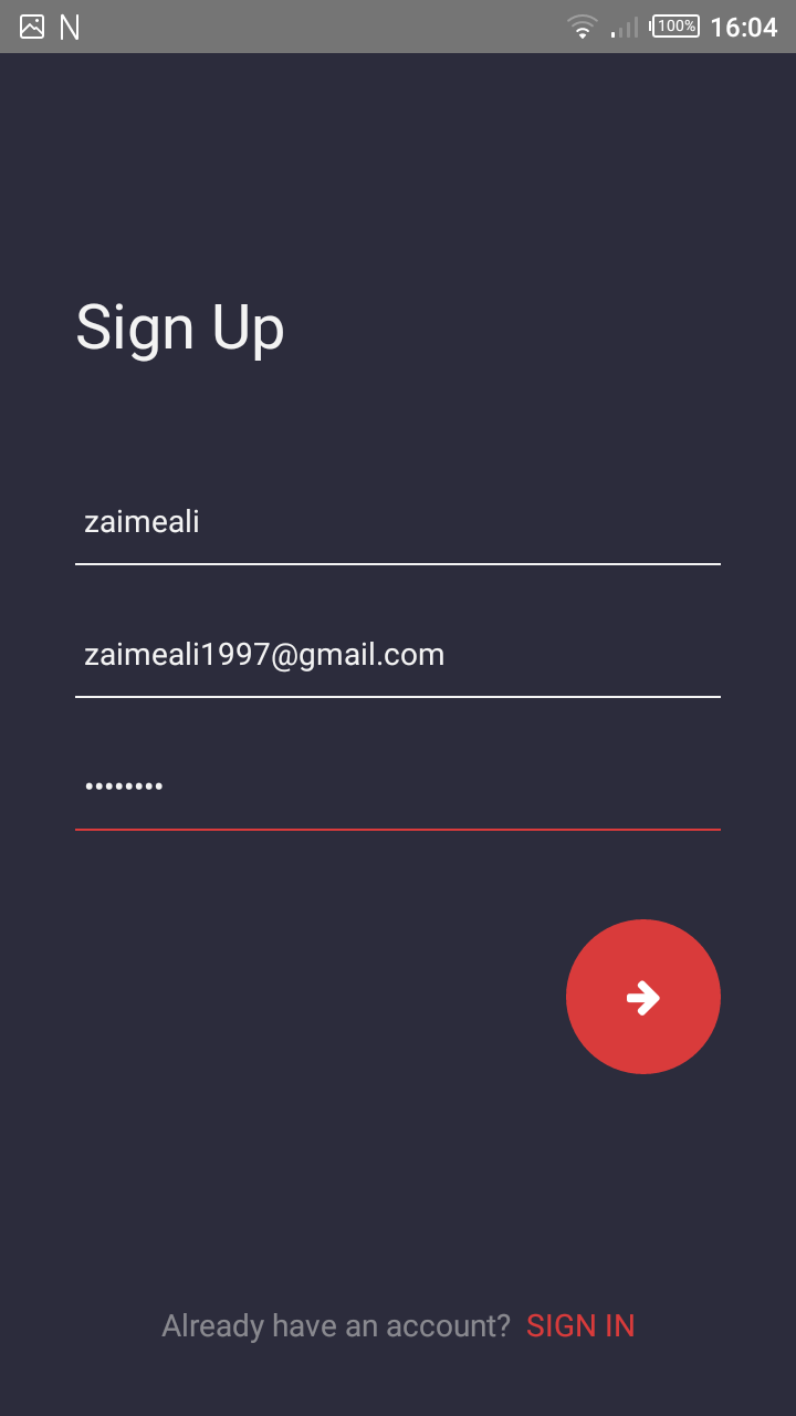 Sign Up Screen Filling Inputs