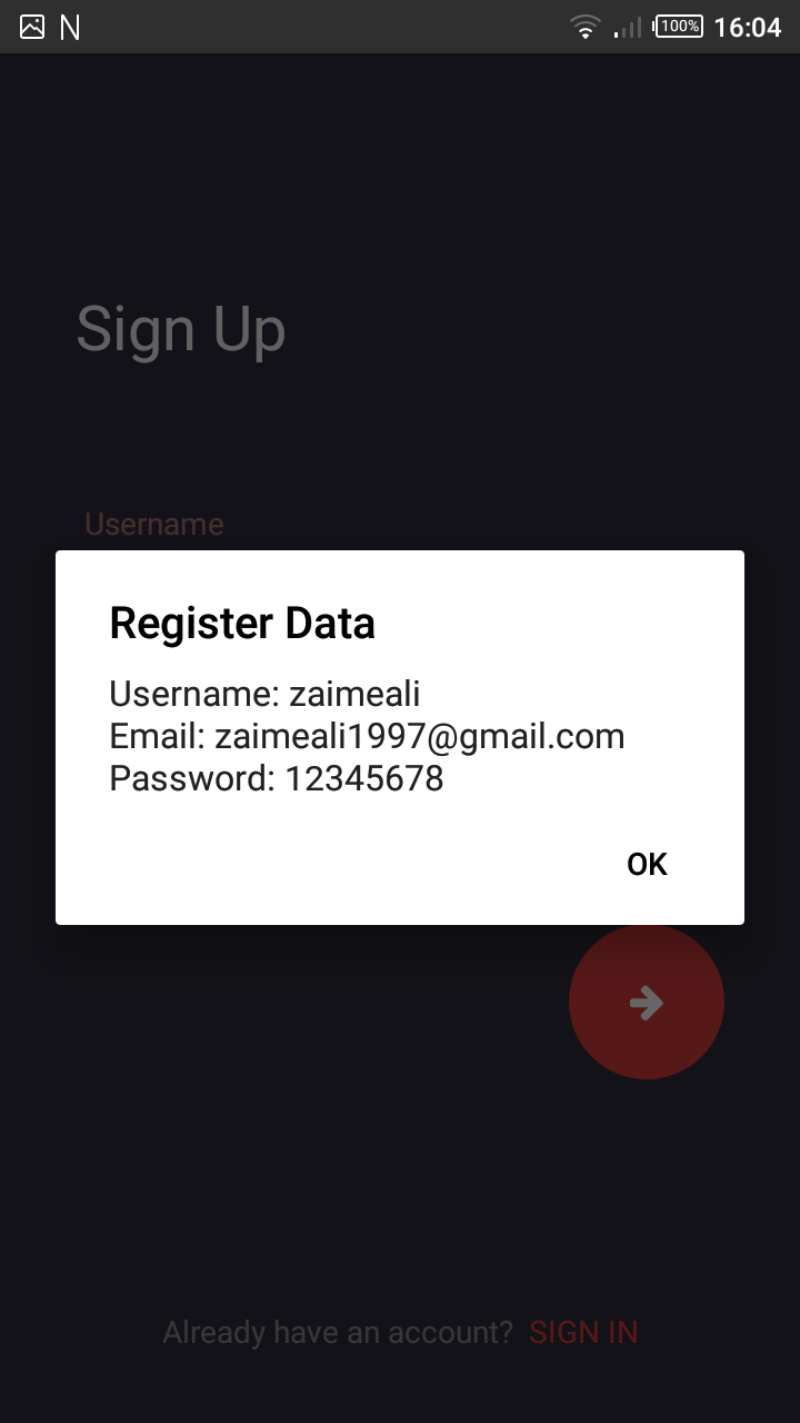 Sign Up Screen Getting Output