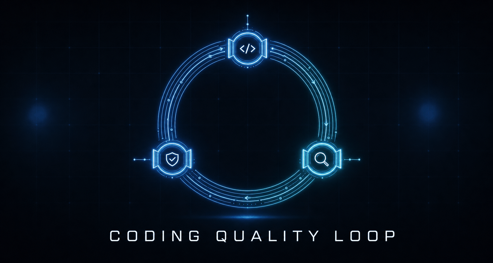 Coding Quality Loop — a glowing PLAN → EXECUTE → REVIEW ring with three nodes (implement, review, map) over a dark background.