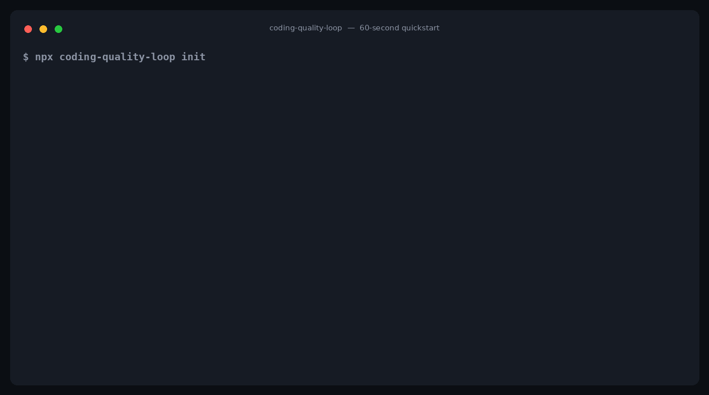 Animated terminal capture — npx coding-quality-loop init detects the host, copies the skill, and wires hooks; then python3 scripts/quality_loop.py verify prints the unified gate report and ends with Overall: PASS.