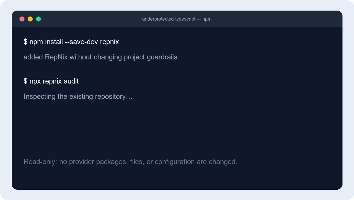 RepNix auditing an existing TypeScript repository, then previewing setup changes