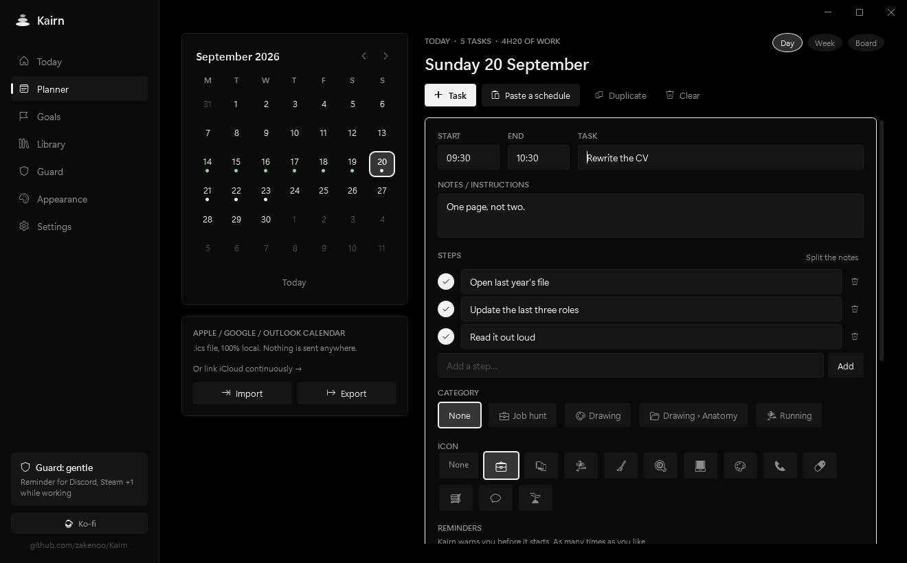 Editing a task: steps, icon, reminders