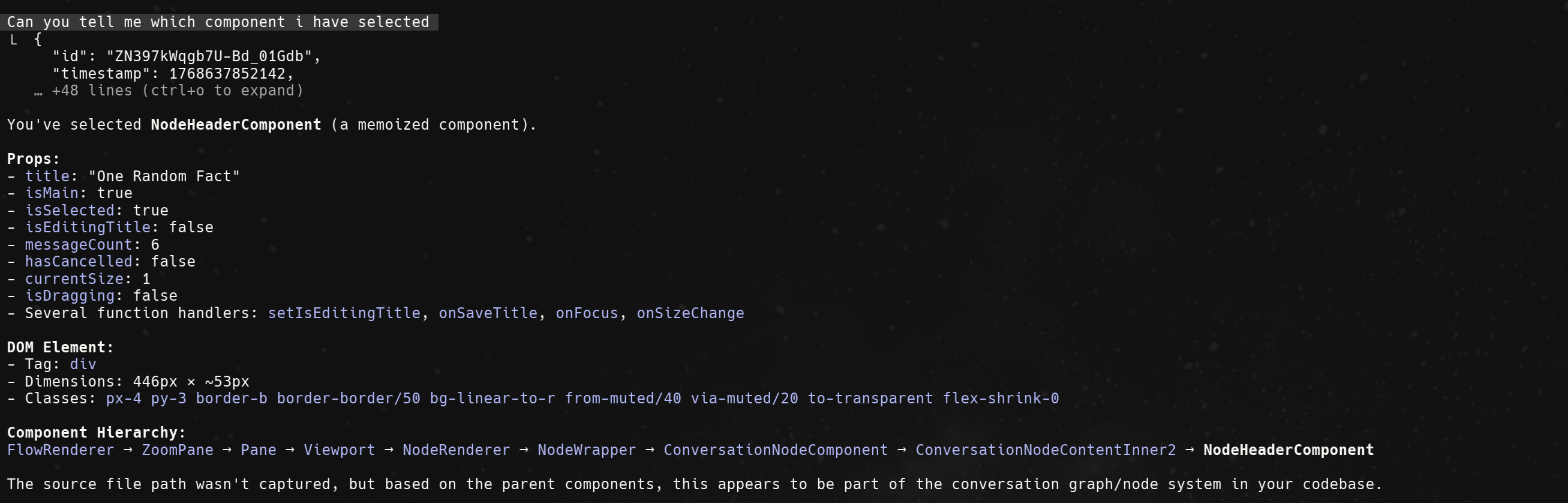 Claude Code showing selected component details