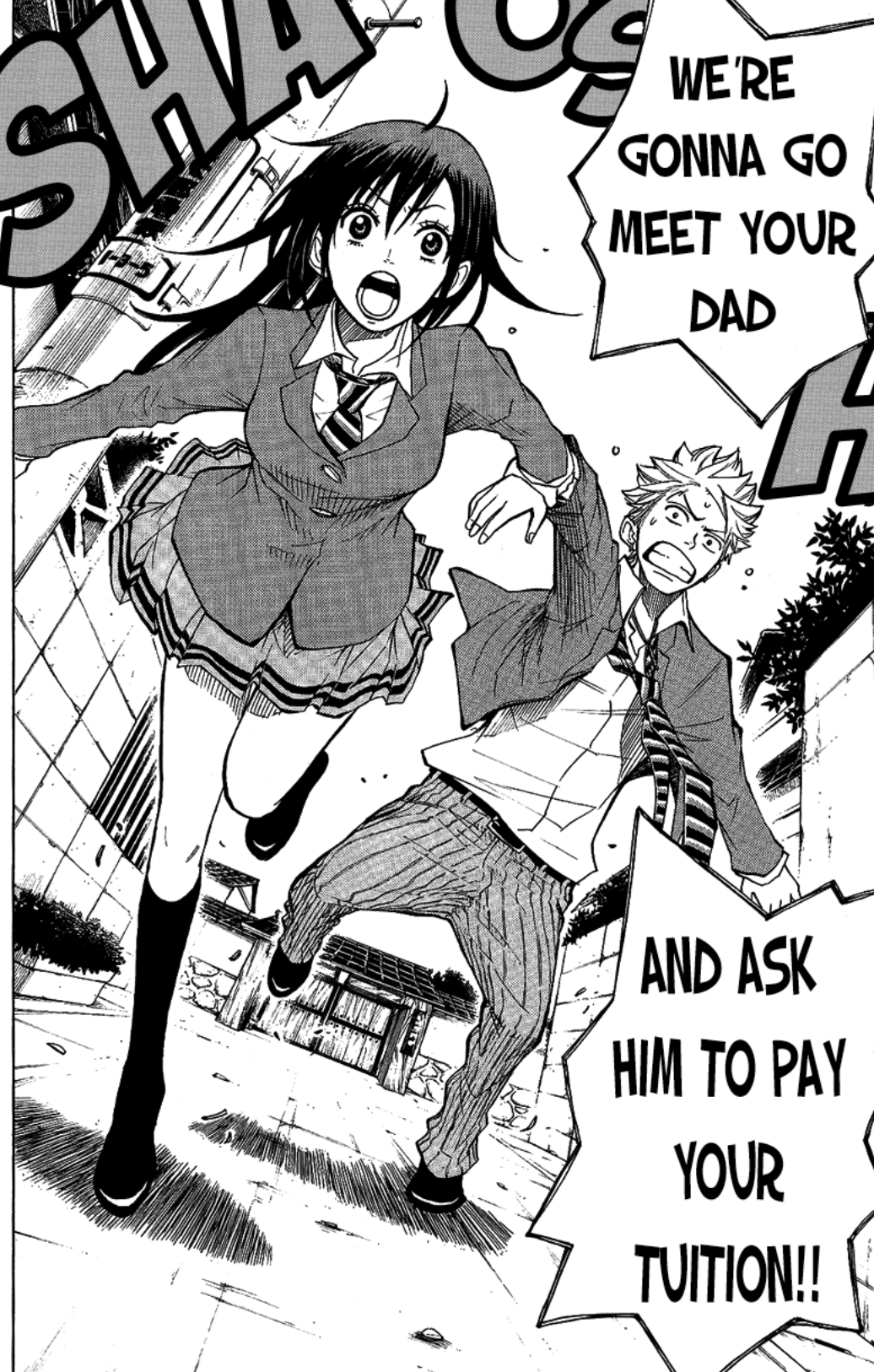 An image of a highschooler dragging her friend to request the Dad to pay the son's tuition fees