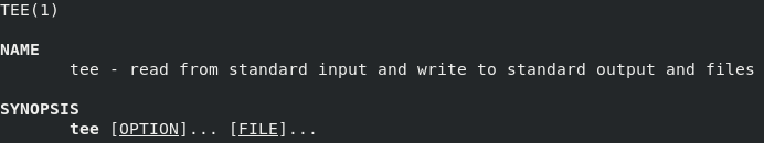 the man description of tee on RHEL 8.2
