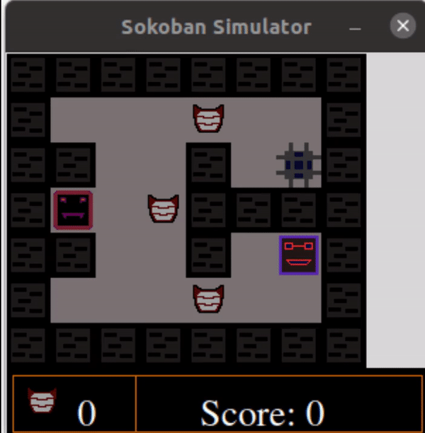 A sample of Assignment 2: Sokoban. The AI is avoiding the enemy while also trying to collect all the items on the map