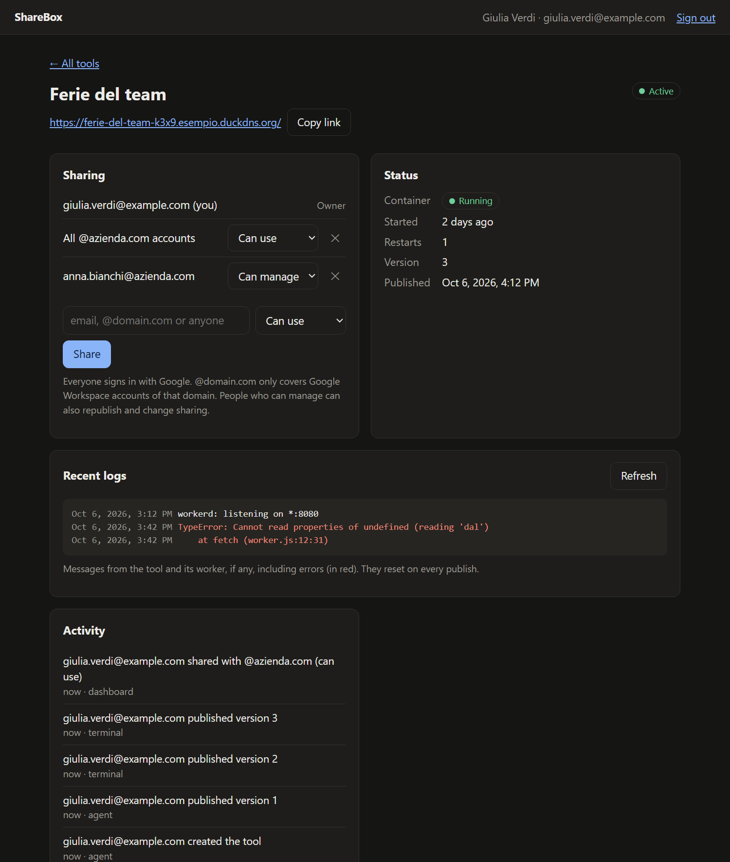 Tool details: sharing, status, logs and activity
