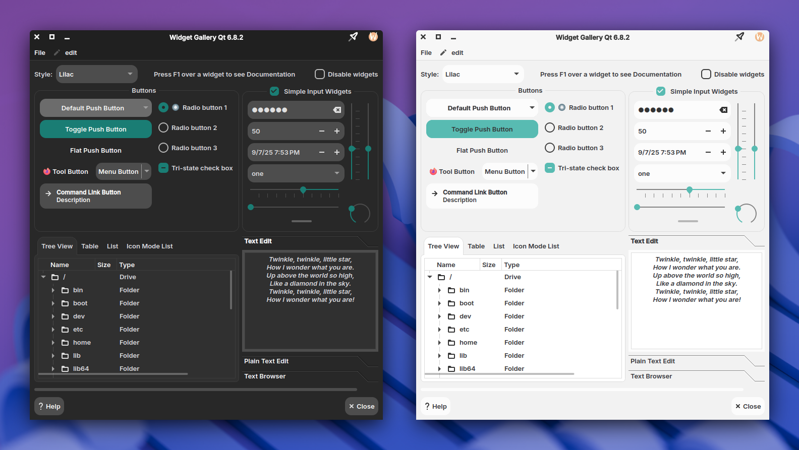 A screenshot showing Qt gallery using lilac