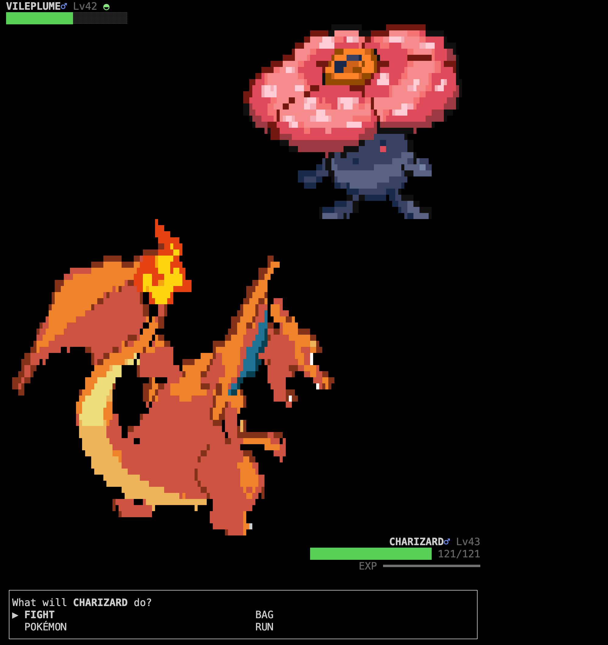 A battle: a wild Vileplume at Lv42 facing your Charizard, both drawn as pixel sprites, with health bars and a FIGHT / BAG / POKÉMON / RUN menu