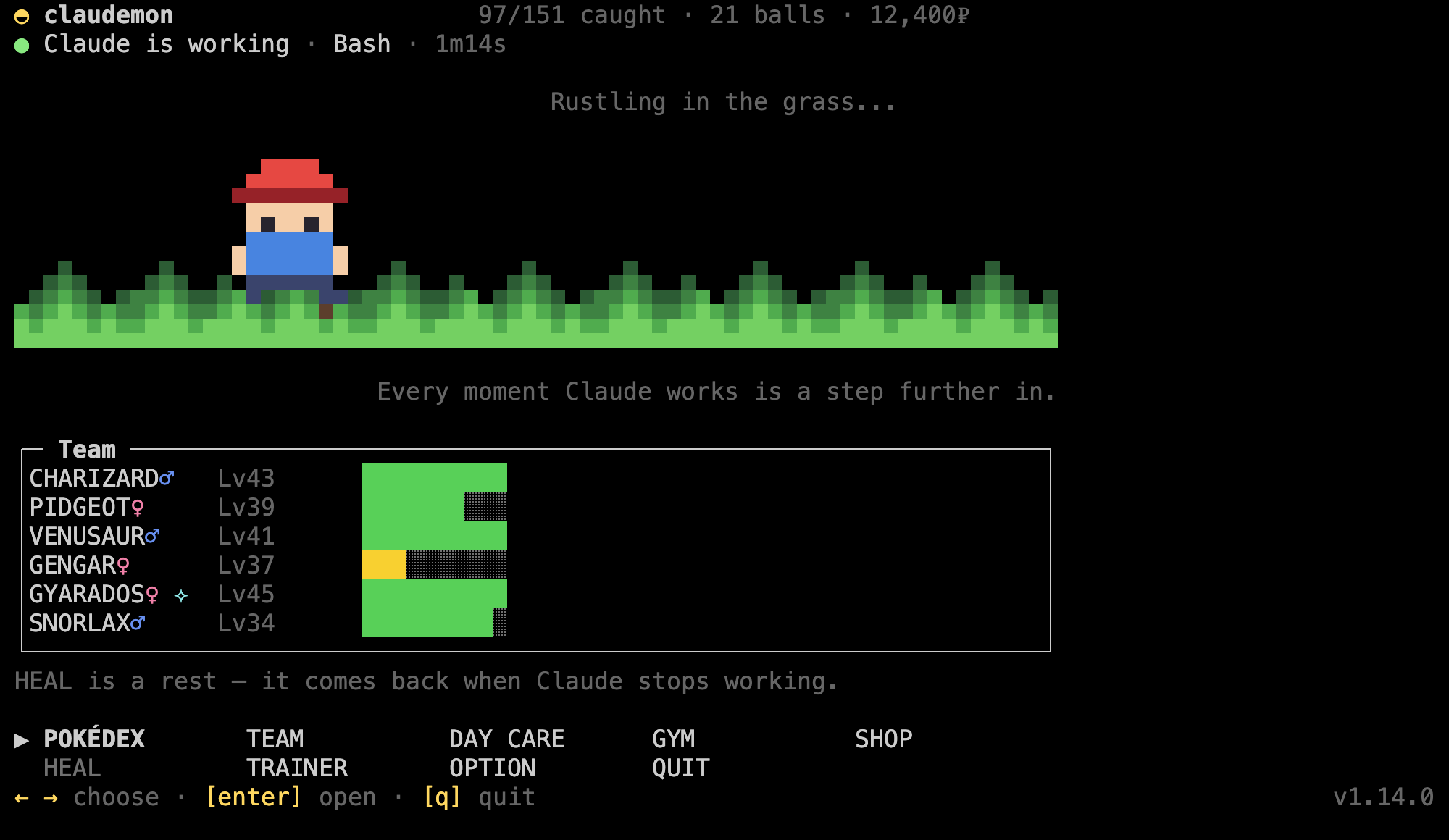 The home screen: an activity line reading Claude is working, Bash, 1m14s, someone standing in a band of grass, and a team of six listed below with their levels and health