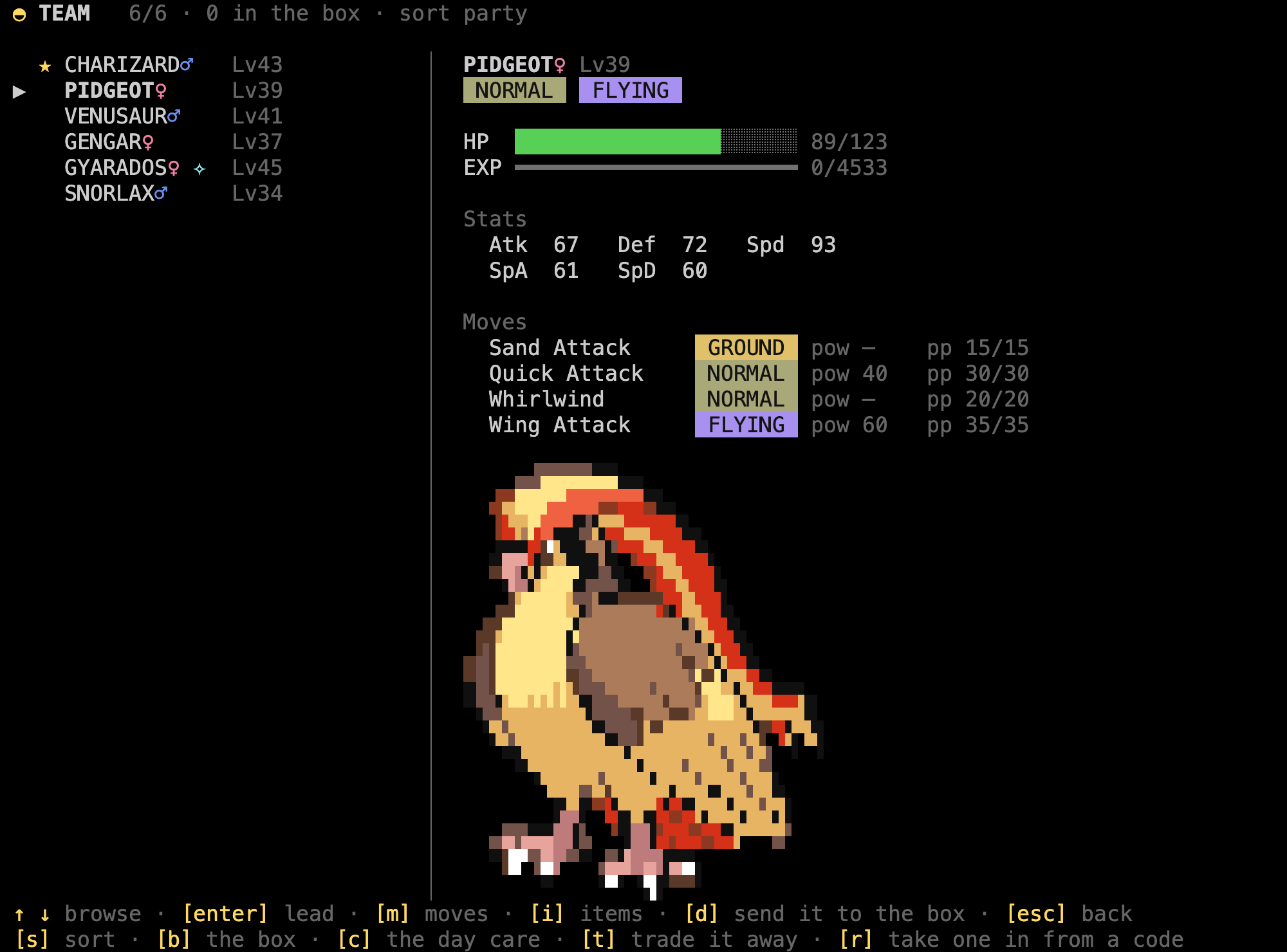 The team screen: six Pokémon listed on the left, and Pidgeot on the right with its health, experience, stats and moves