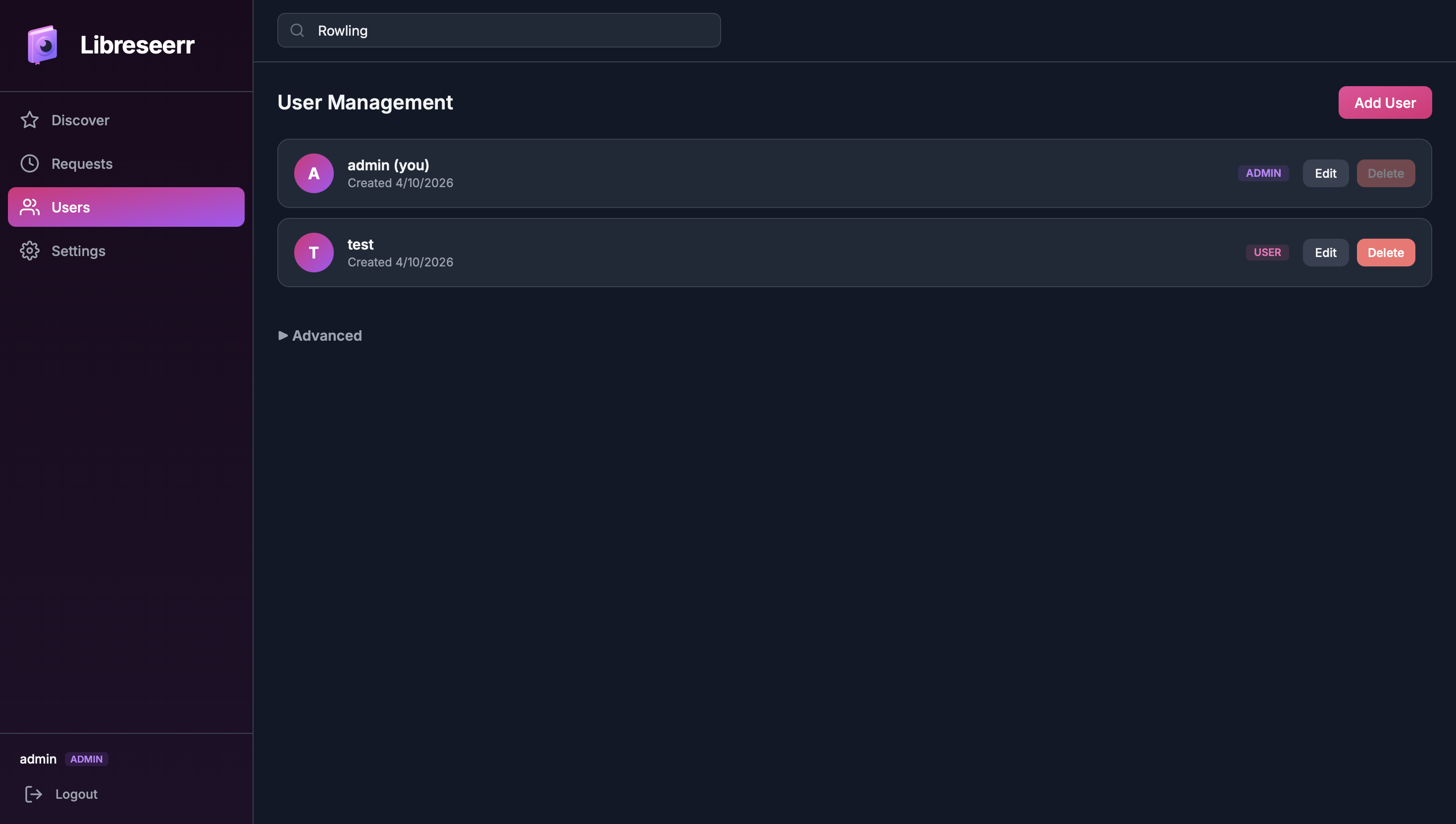 Libreseerr Users Page