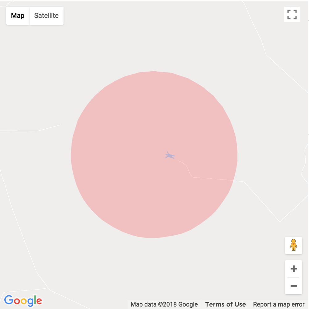 A red slightly transparent circle on a Google Map.  The map is centered around an area in Sao Paulo, Brazil and there is a peculiar lake on the map that is shaped like a man.