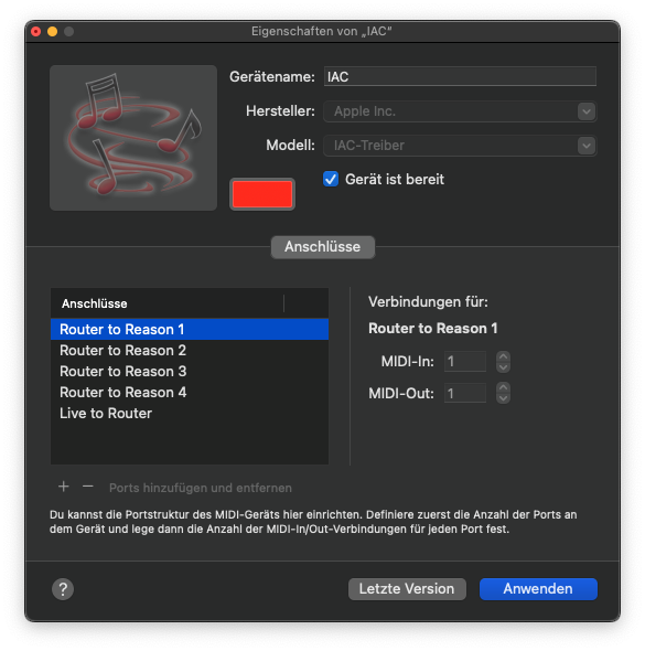 Screenshot: MIDI Studio with MIDI ports set up