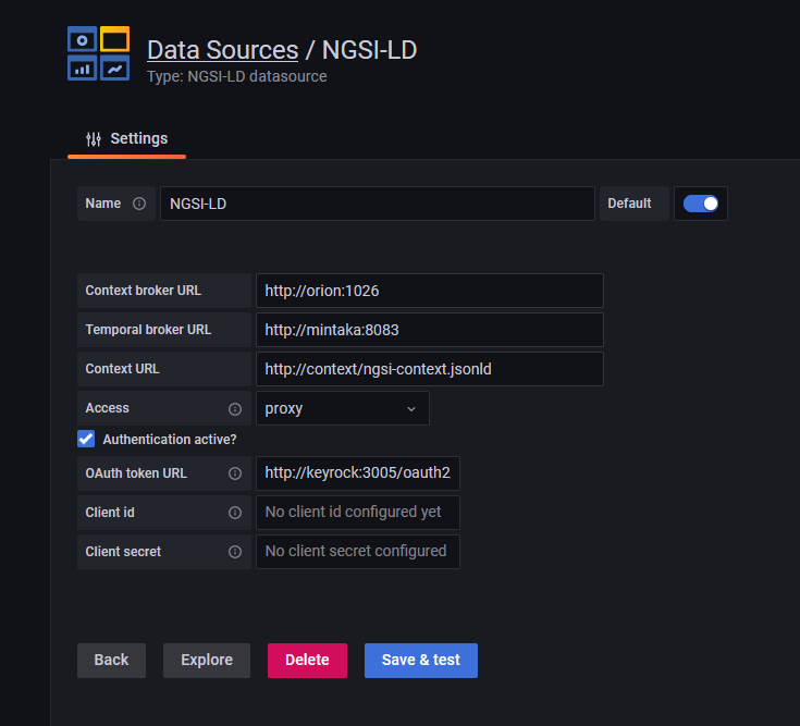 Screenshot of the datasource configuration menu